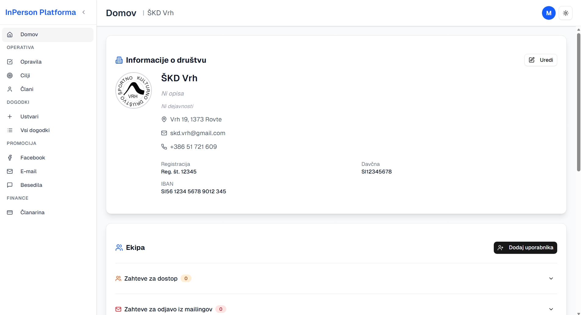 InPerson Platforma - Domov zavihek
